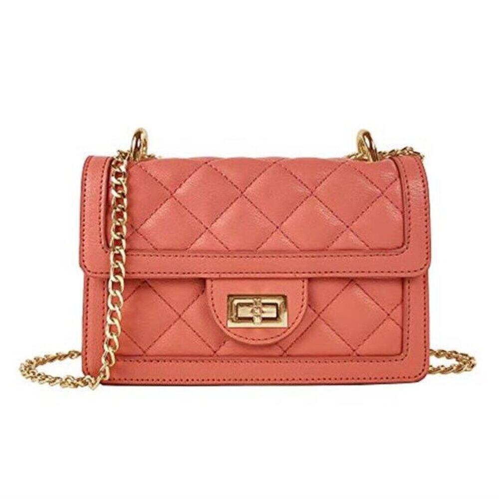 Small Quilted Coral Vegan Leather Crossbody Bag Mini Shoulder Bag Purse